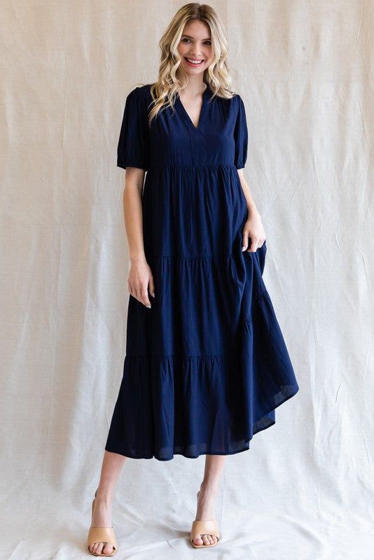 Navy Tiered V-Neck Midi Dress sold by Pinkblush