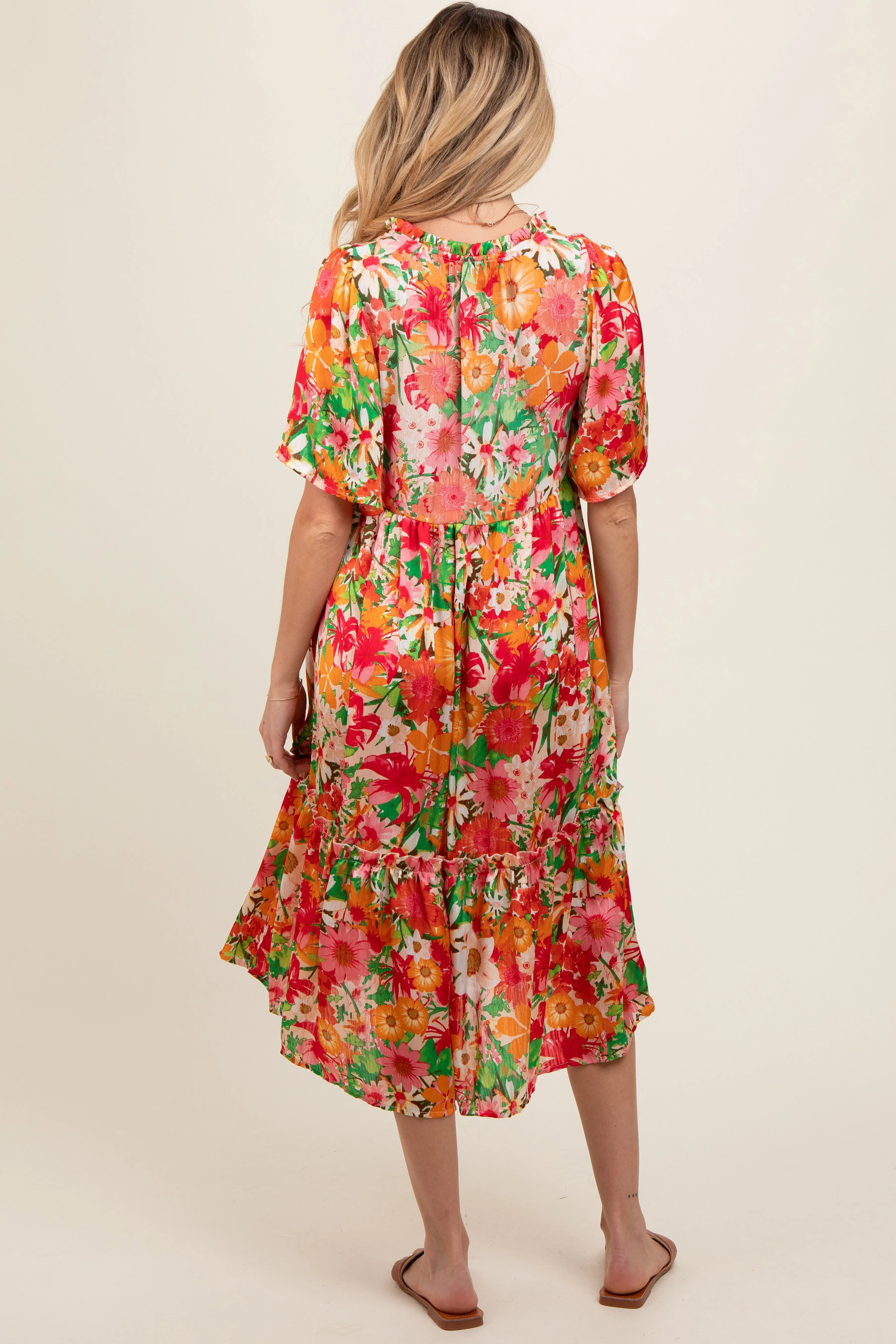 Cream Floral Satin Ruffle Short Flutter Sleeve Maternity Midi Dress sold by Pinkblush product image thumbnail 4