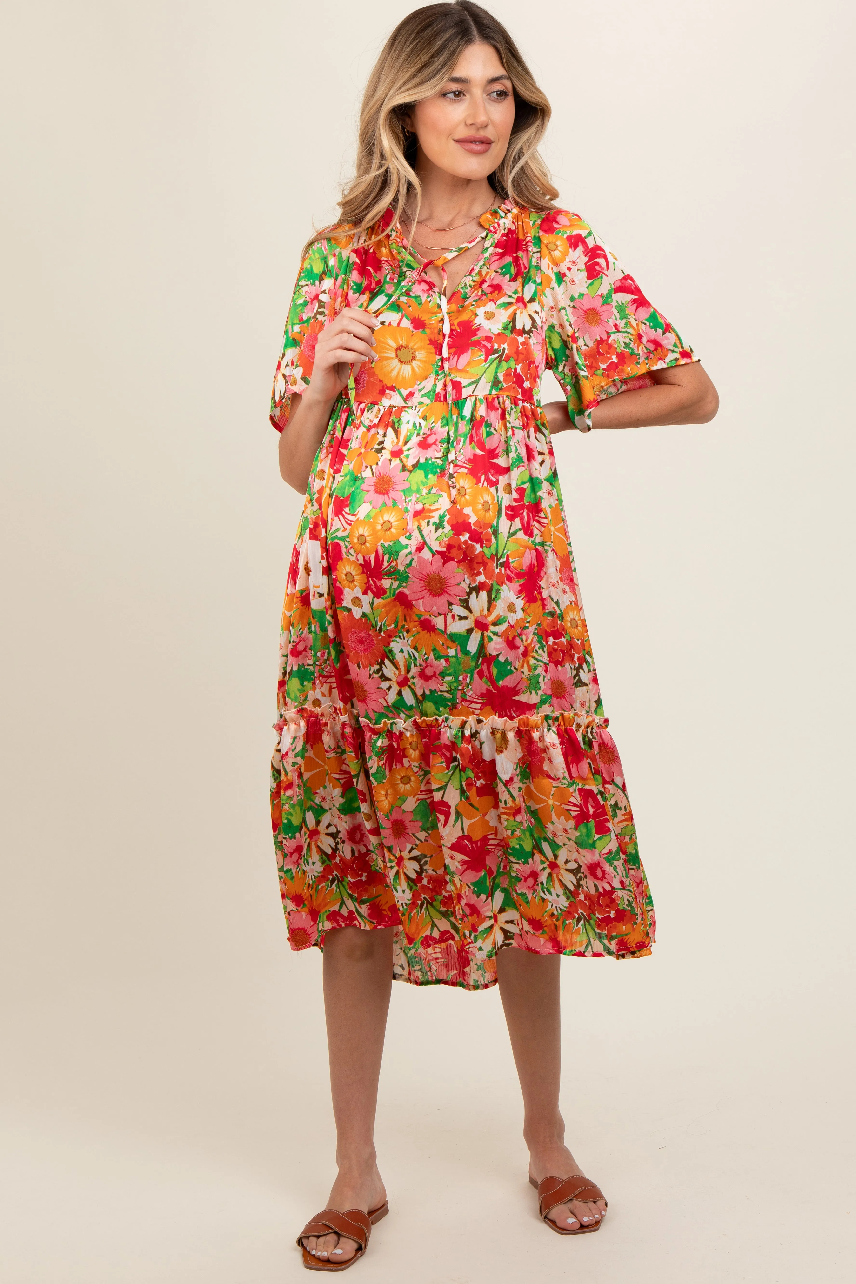 Cream Floral Satin Ruffle Short Flutter Sleeve Maternity Midi Dress sold by Pinkblush