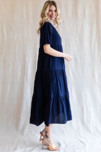 Navy Tiered V-Neck Midi Dress sold by Pinkblush