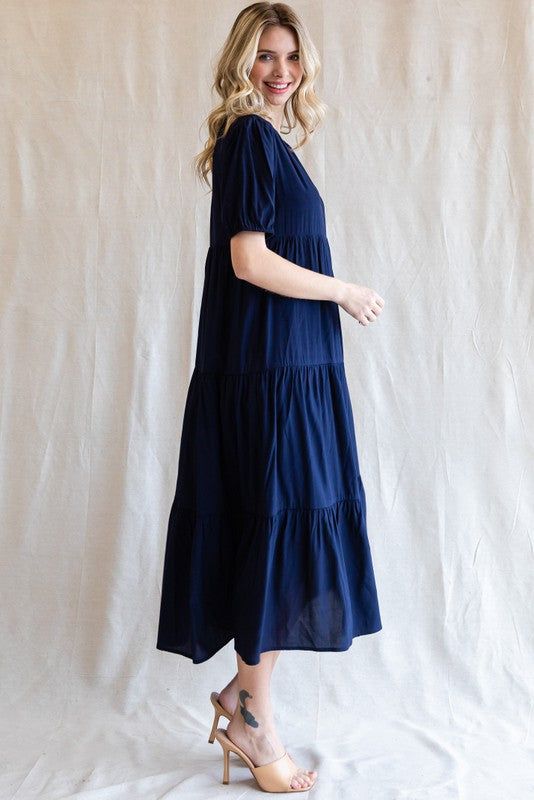 Navy Tiered V-Neck Midi Dress sold by Pinkblush product image thumbnail 2