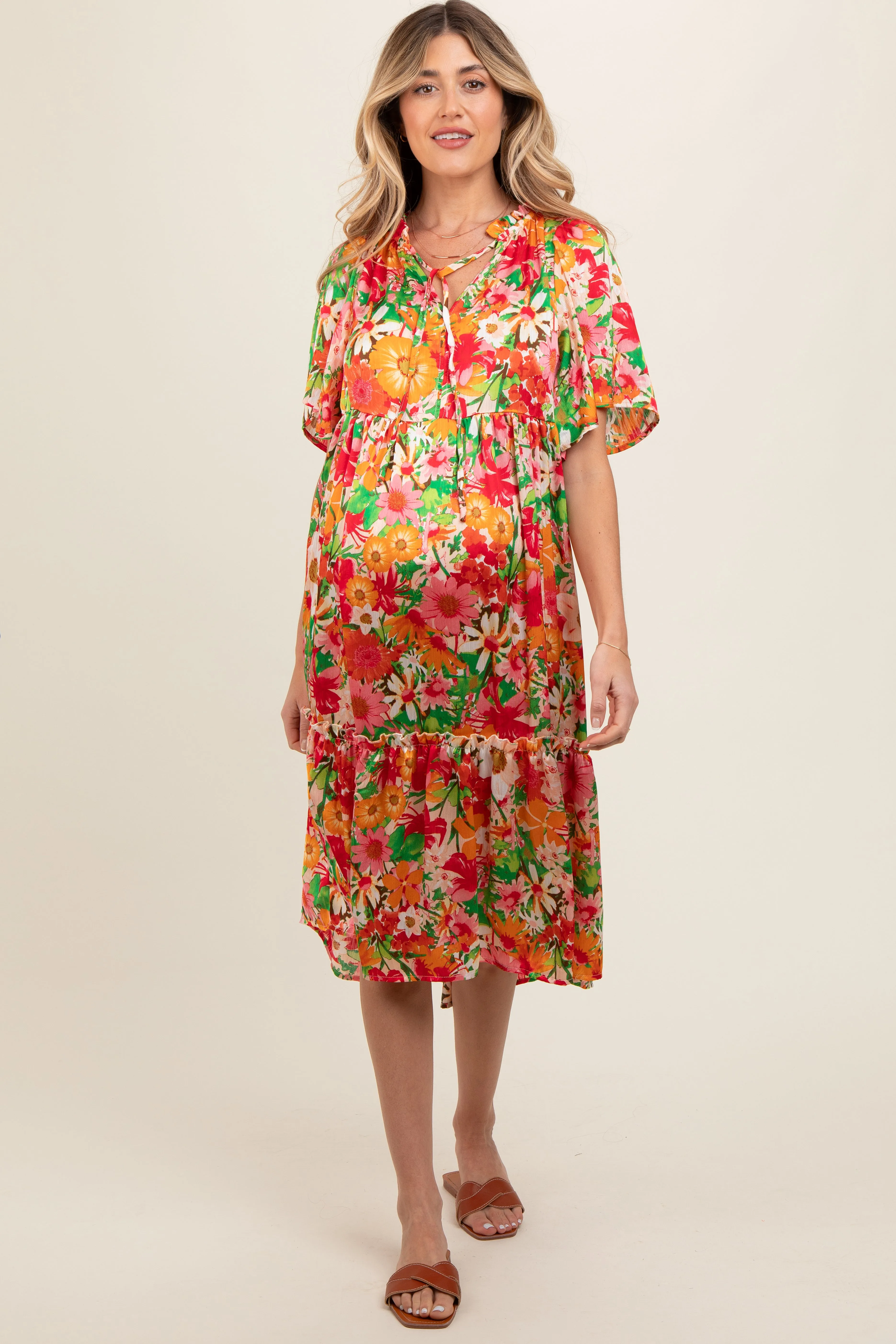 Cream Floral Satin Ruffle Short Flutter Sleeve Maternity Midi Dress sold by Pinkblush product image thumbnail 2