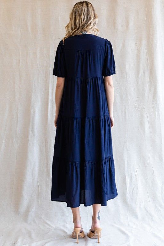 Navy Tiered V-Neck Midi Dress sold by Pinkblush product image thumbnail 3