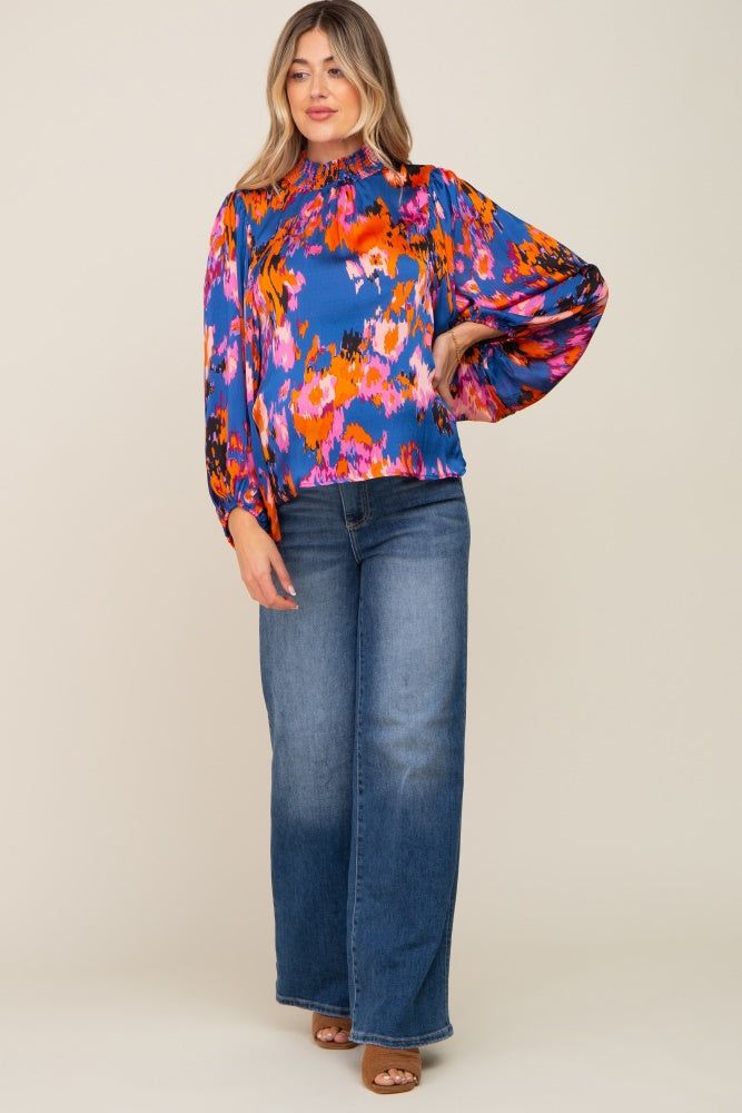 Royal Blue Abstract Smocked Mock Neck Maternity Blouse sold by Pinkblush product image thumbnail 4