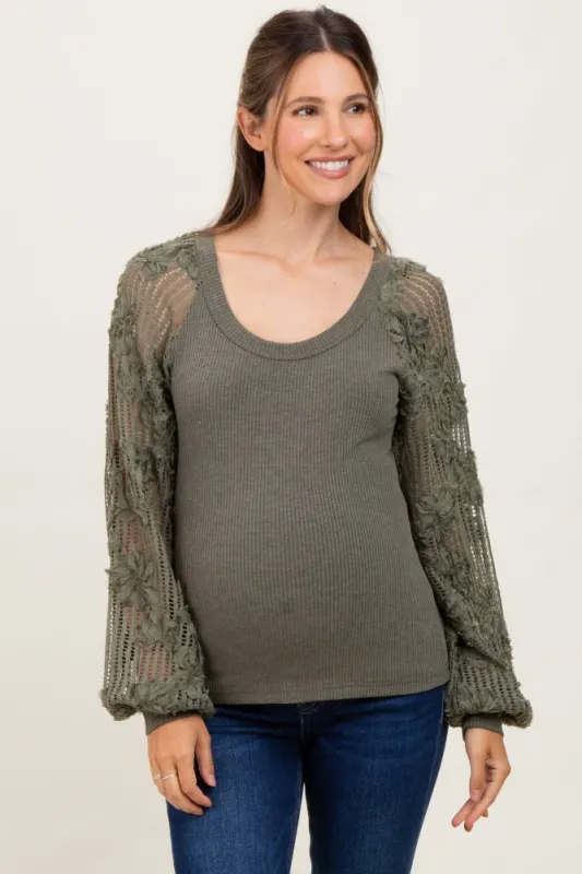 Olive Floral Lace Balloon Sleeve Maternity Top sold by Pinkblush