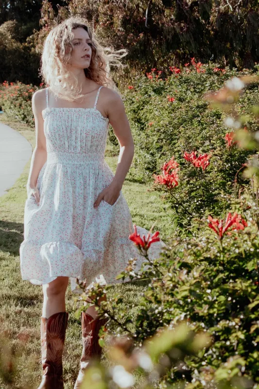 Ivory Floral Smocked Waist Ruffle Accent Dress sold by Pinkblush