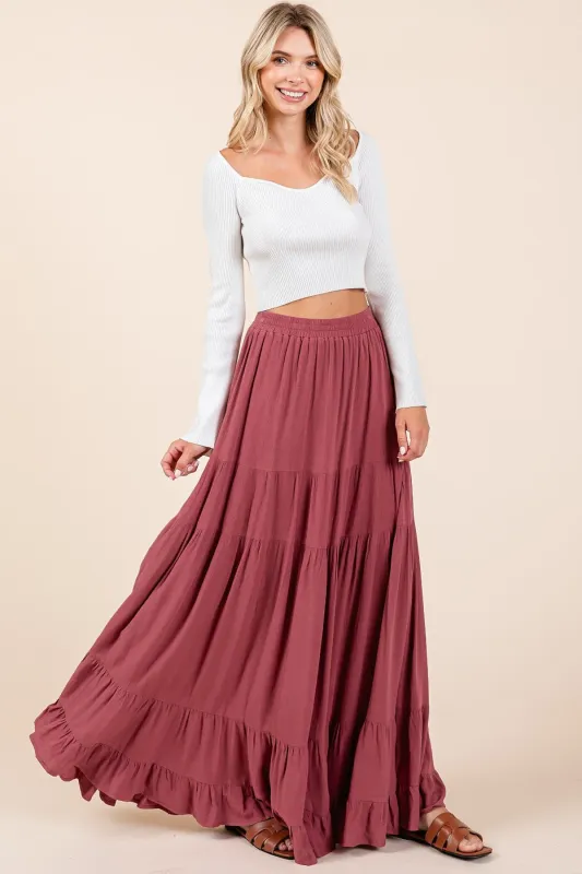 Mauve Tiered Ruffle Hem Maxi Skirt sold by Pinkblush