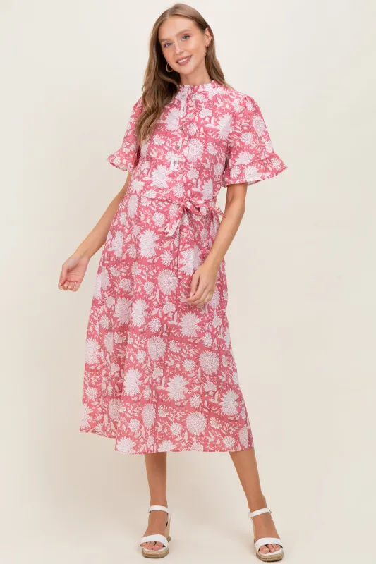 Pink Floral Ruffle Button Up Neckline Maternity Midi Dress sold by Pinkblush