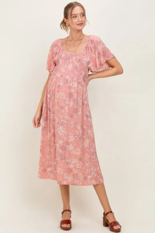 Pink Floral Smocked Maternity Midi Dress sold by Pinkblush