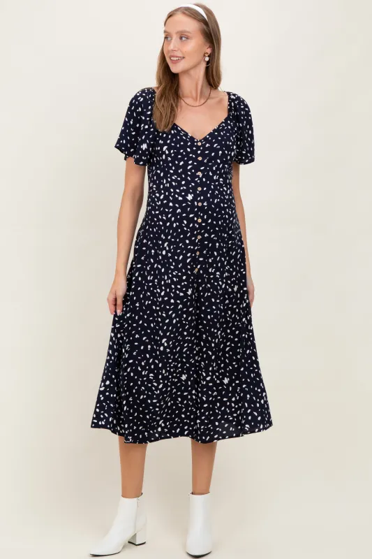 Navy Printed Button Accent Flutter Sleeve Maternity Midi Dress sold by Pinkblush