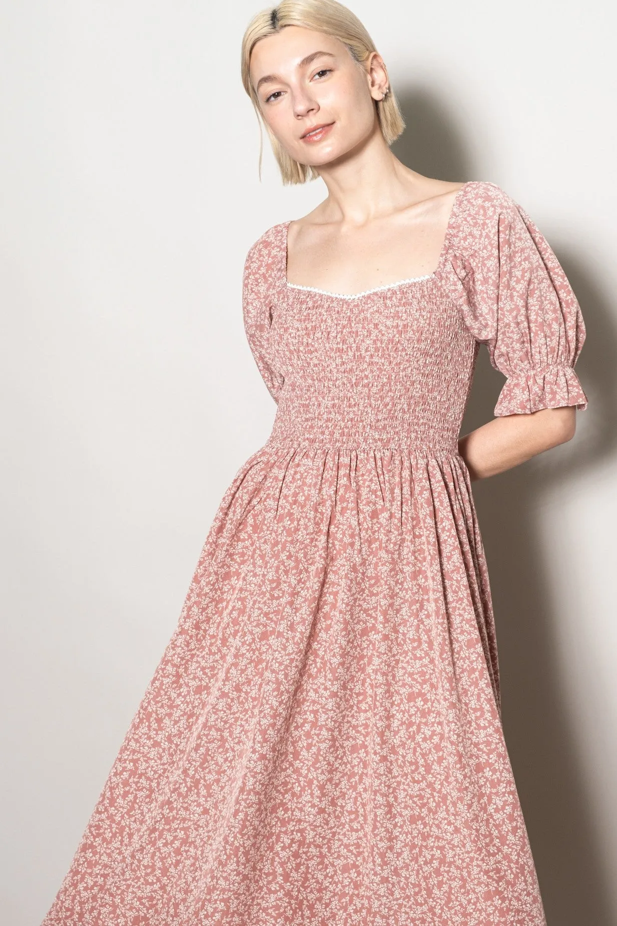 Mauve Floral Lace Trim Smocked Maxi Dress sold by Pinkblush product image thumbnail 4