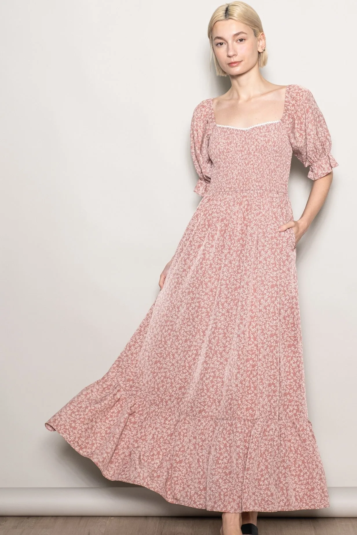 Mauve Floral Lace Trim Smocked Maxi Dress sold by Pinkblush