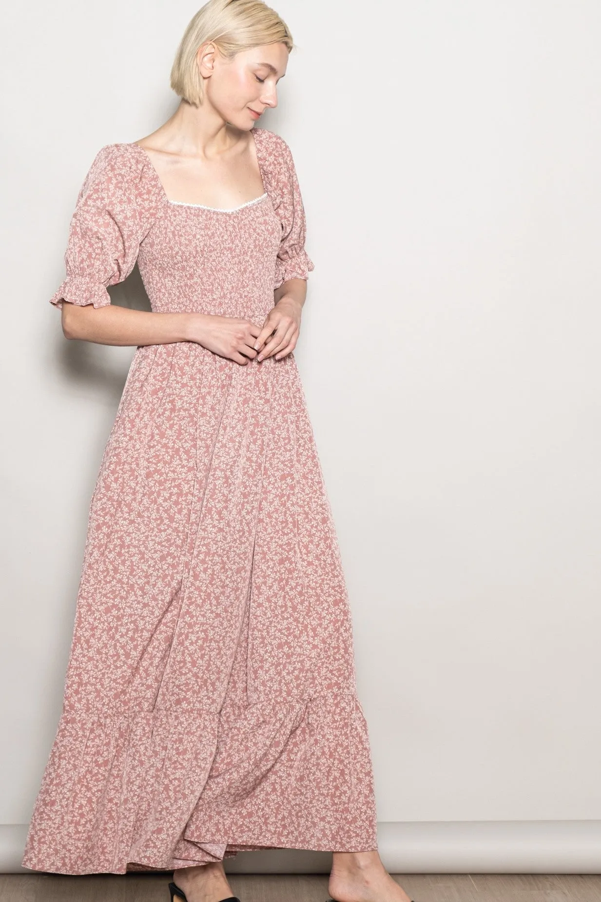 Mauve Floral Lace Trim Smocked Maxi Dress sold by Pinkblush product image thumbnail 2