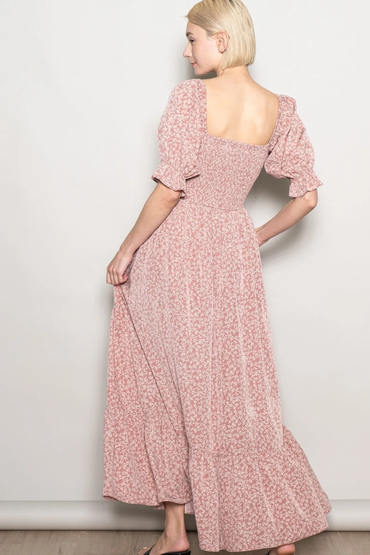 Mauve Floral Lace Trim Smocked Maxi Dress sold by Pinkblush product image thumbnail 3