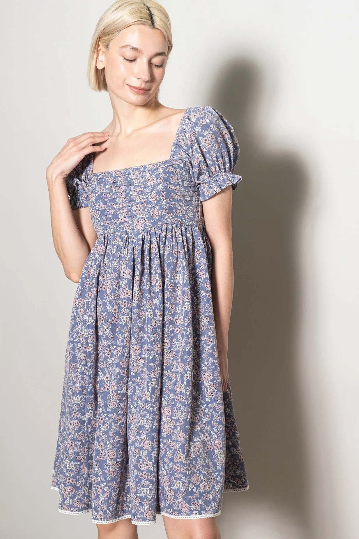 Blue Floral Pleated Bodice Puff Sleeve Dress sold by Pinkblush product image thumbnail 2