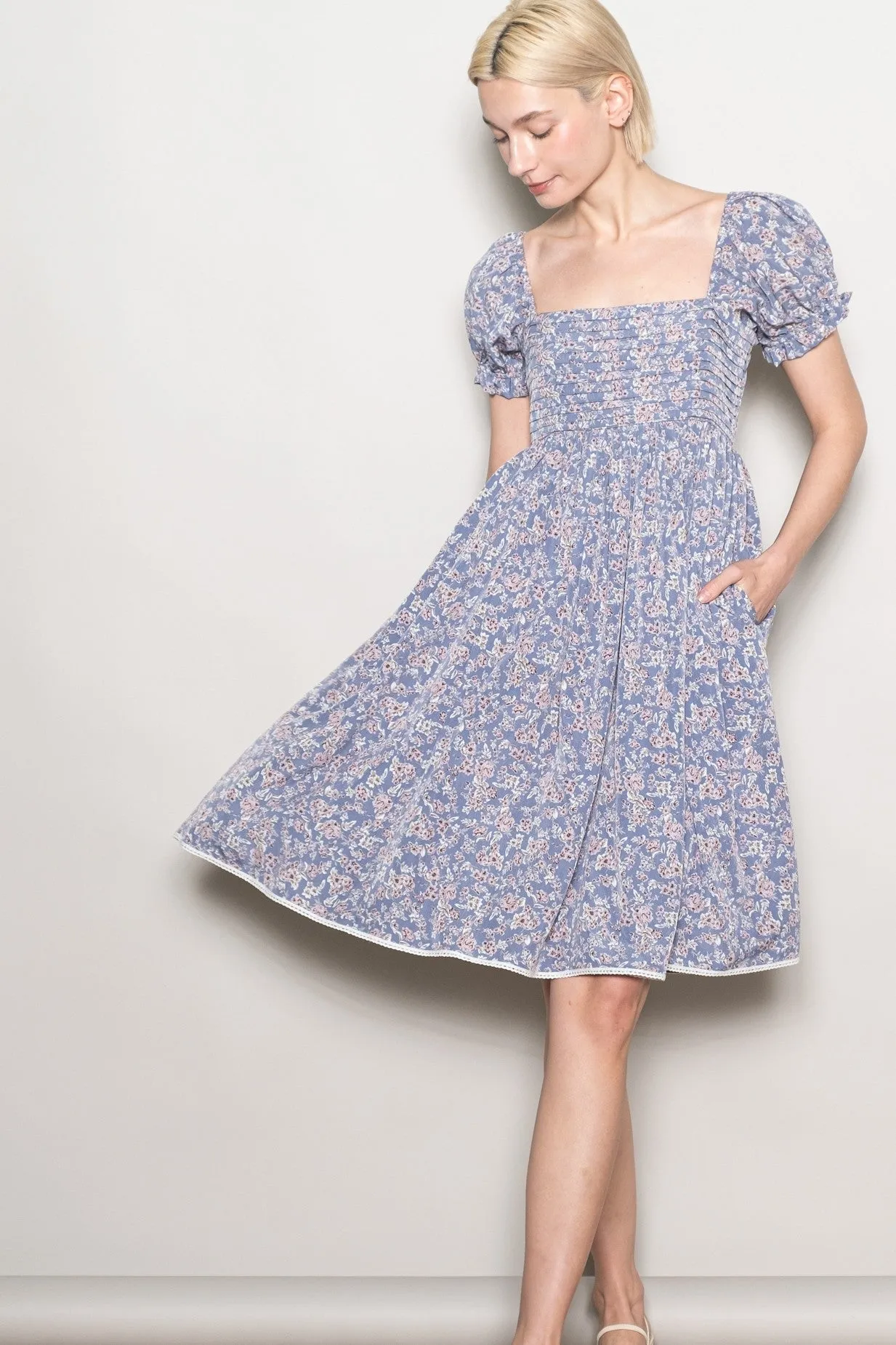 Blue Floral Pleated Bodice Puff Sleeve Dress sold by Pinkblush product image thumbnail 4