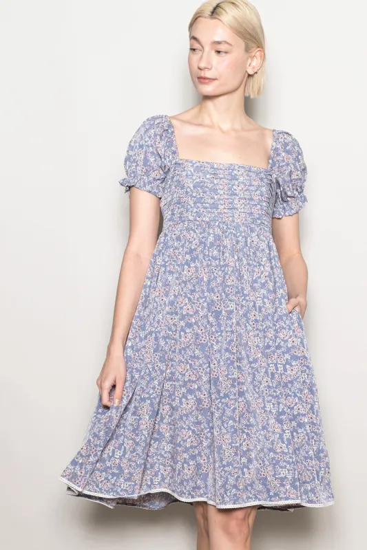 Blue Floral Pleated Bodice Puff Sleeve Dress sold by Pinkblush