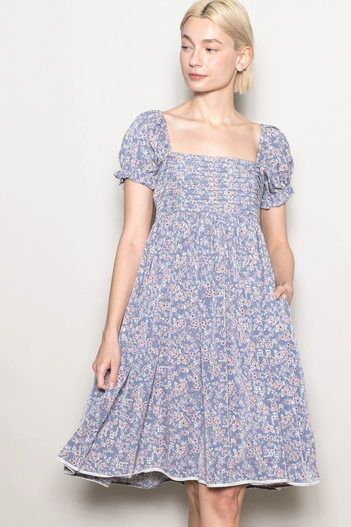 Blue Floral Pleated Bodice Puff Sleeve Dress sold by Pinkblush