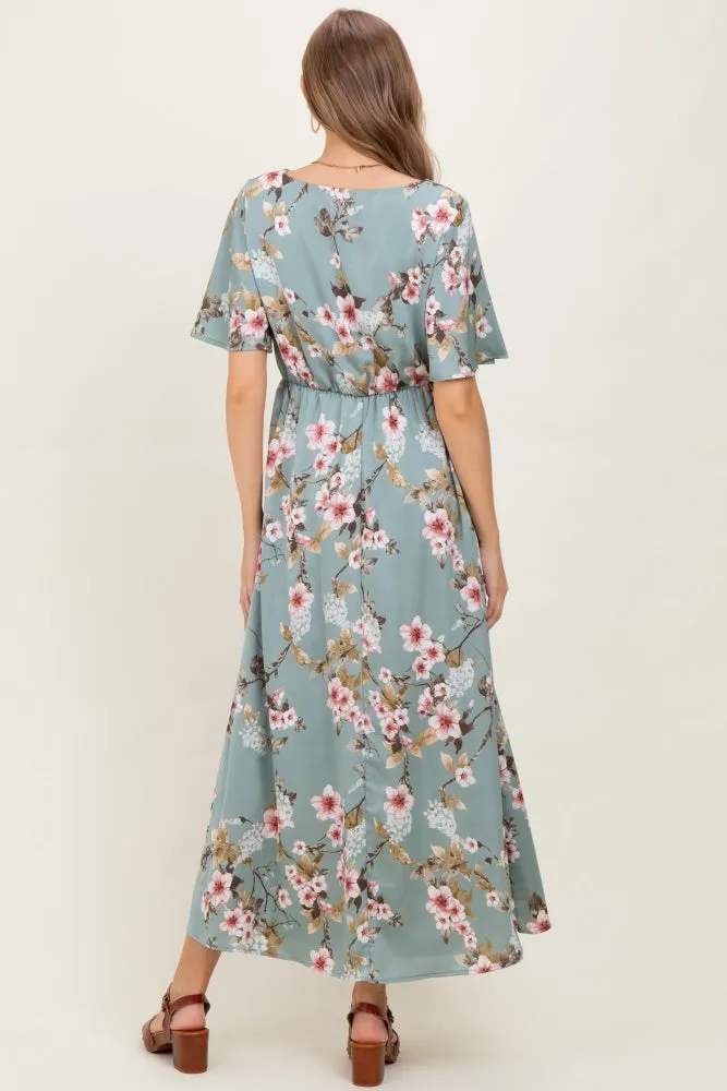 Light Olive Floral Flutter Sleeve Maternity Maxi Dress sold by Pinkblush product image thumbnail 2