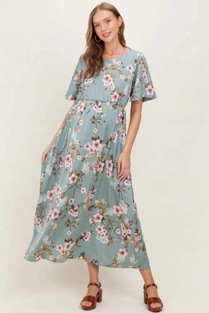 Light Olive Floral Flutter Sleeve Maternity Maxi Dress sold by Pinkblush