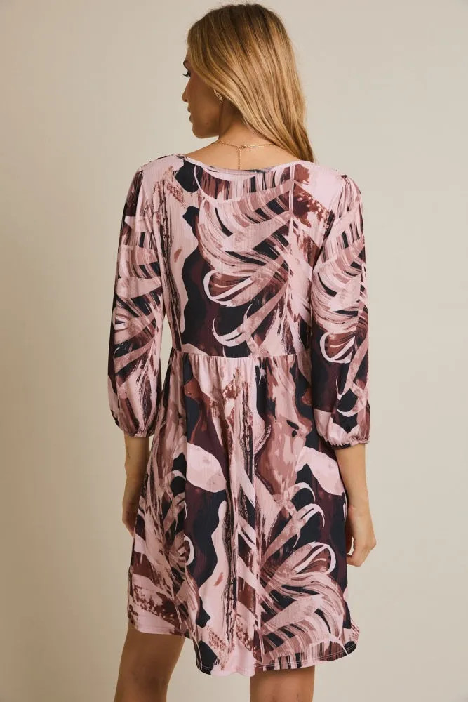 Light Pink Printed V-Neck Front Tie 3/4 Sleeve Mini Dress sold by Pinkblush product image thumbnail 3