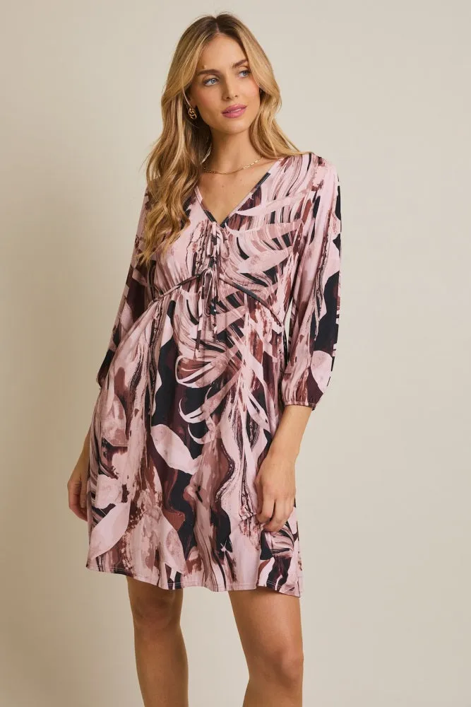 Light Pink Printed V-Neck Front Tie 3/4 Sleeve Mini Dress sold by Pinkblush