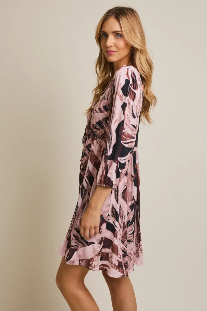 Light Pink Printed V-Neck Front Tie 3/4 Sleeve Mini Dress sold by Pinkblush product image thumbnail 2