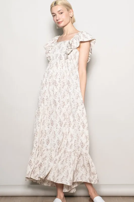Ivory Floral Ruffle Sleeve Maxi Dress sold by Pinkblush
