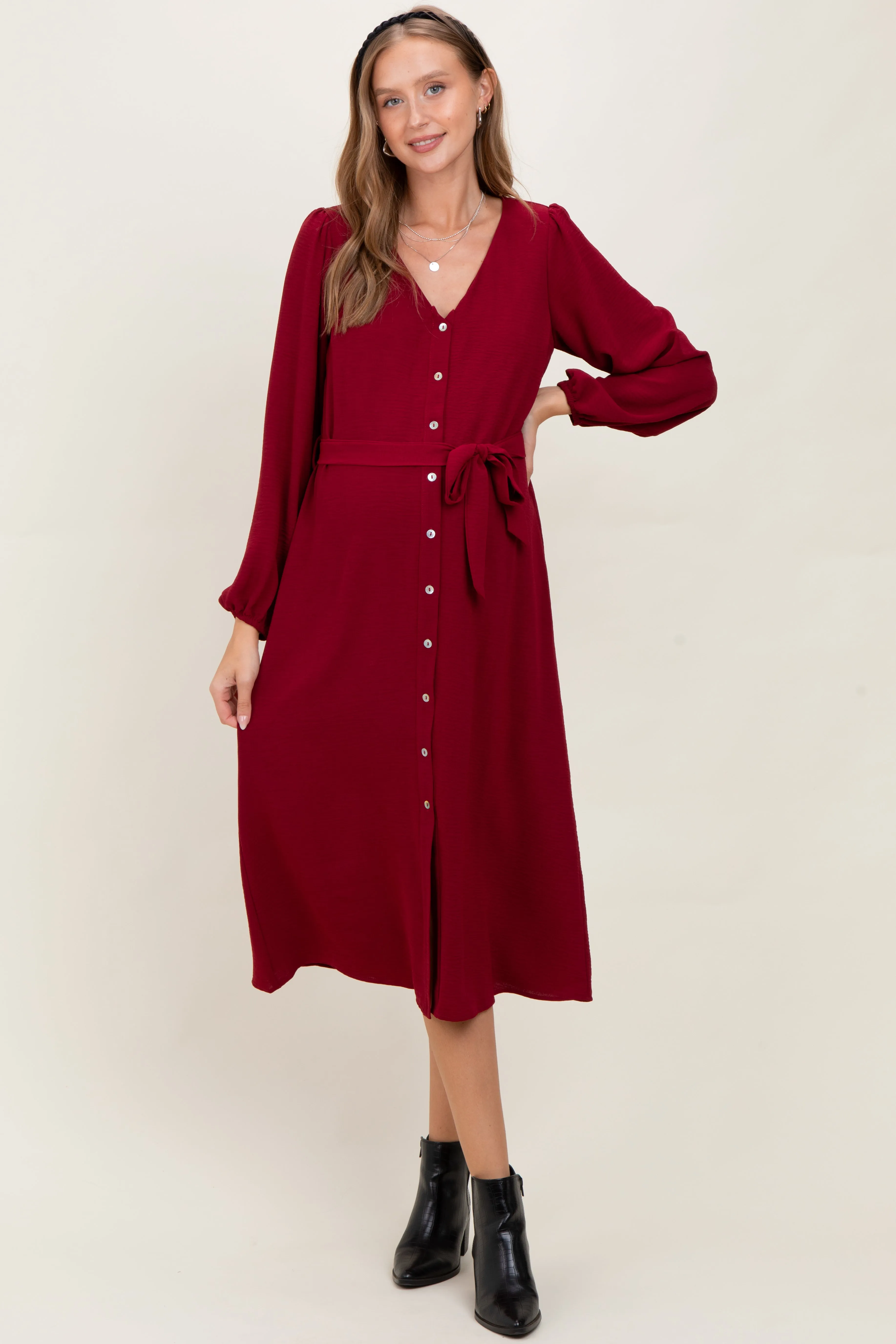 Burgundy V Neck Long Sleeve Button Down Maternity Midi Dress sold by Pinkblush product image thumbnail 2