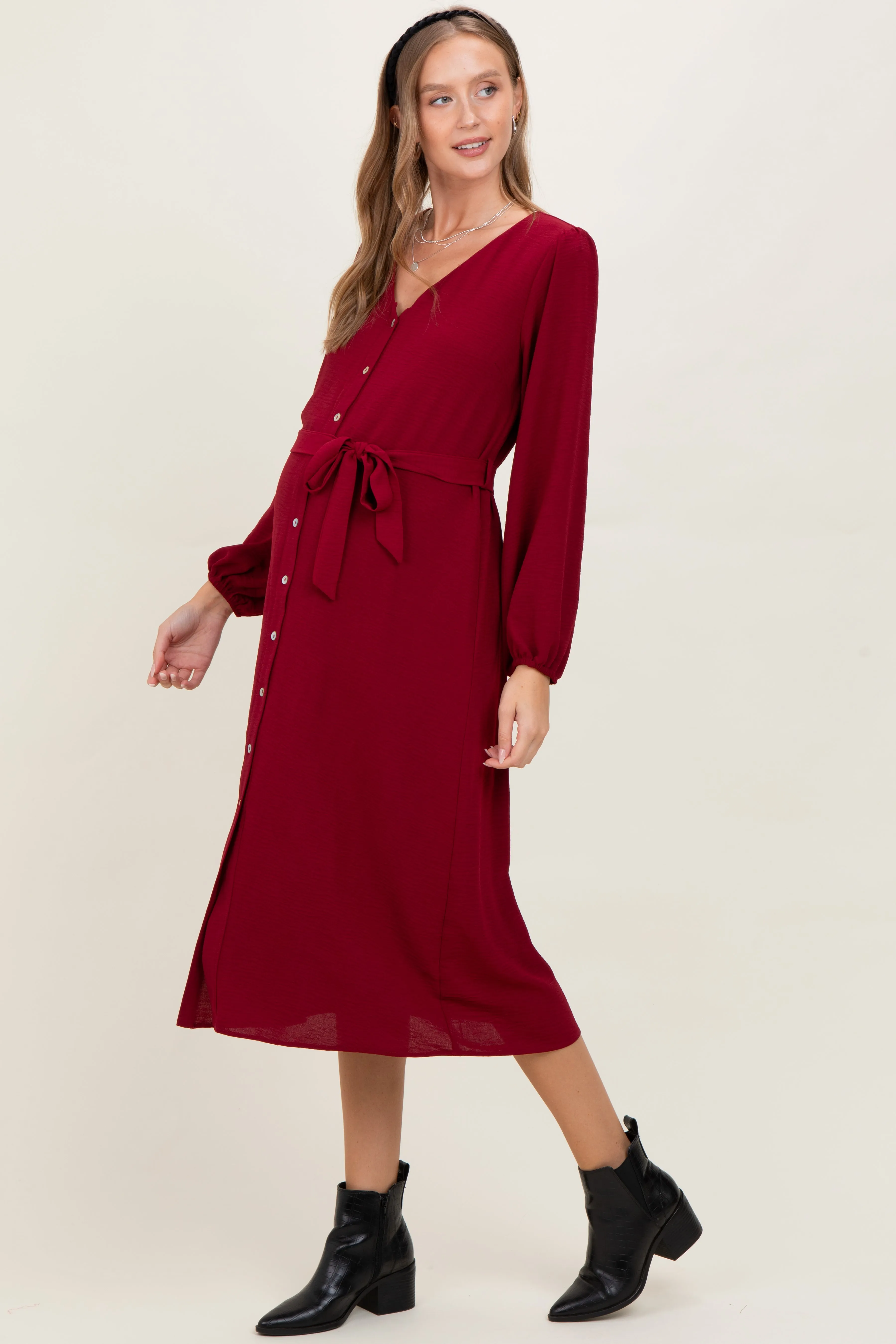 Burgundy V Neck Long Sleeve Button Down Maternity Midi Dress sold by Pinkblush product image thumbnail 3