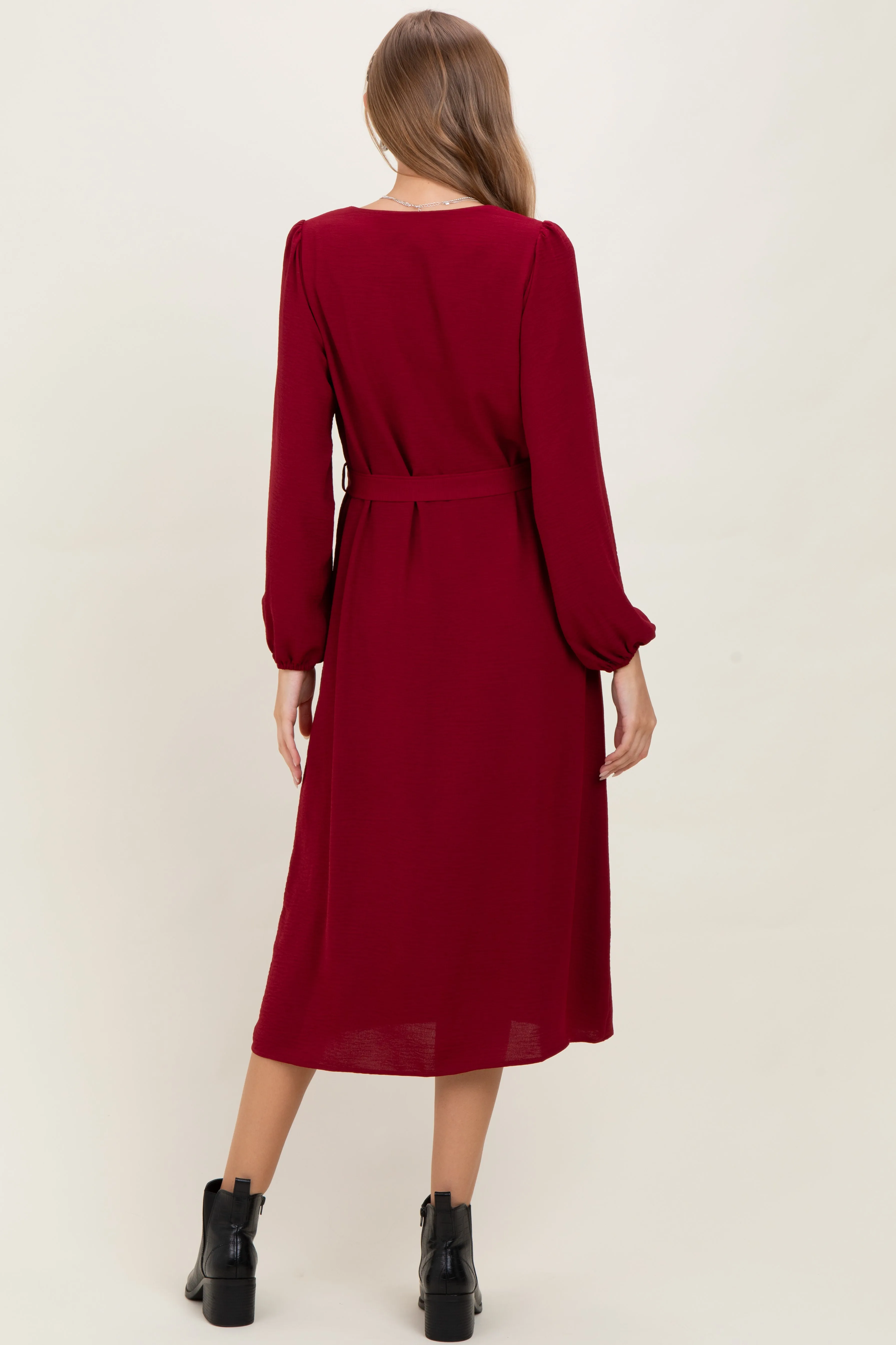 Burgundy V Neck Long Sleeve Button Down Maternity Midi Dress sold by Pinkblush product image thumbnail 4