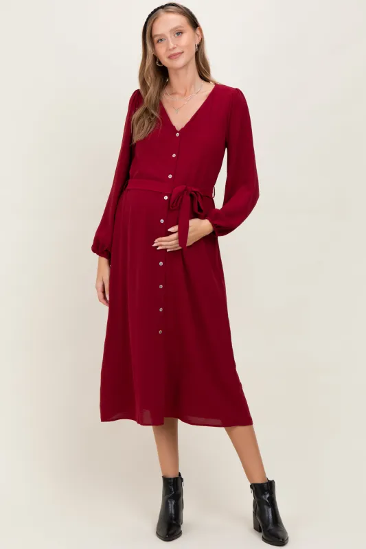 Burgundy V Neck Long Sleeve Button Down Maternity Midi Dress sold by Pinkblush