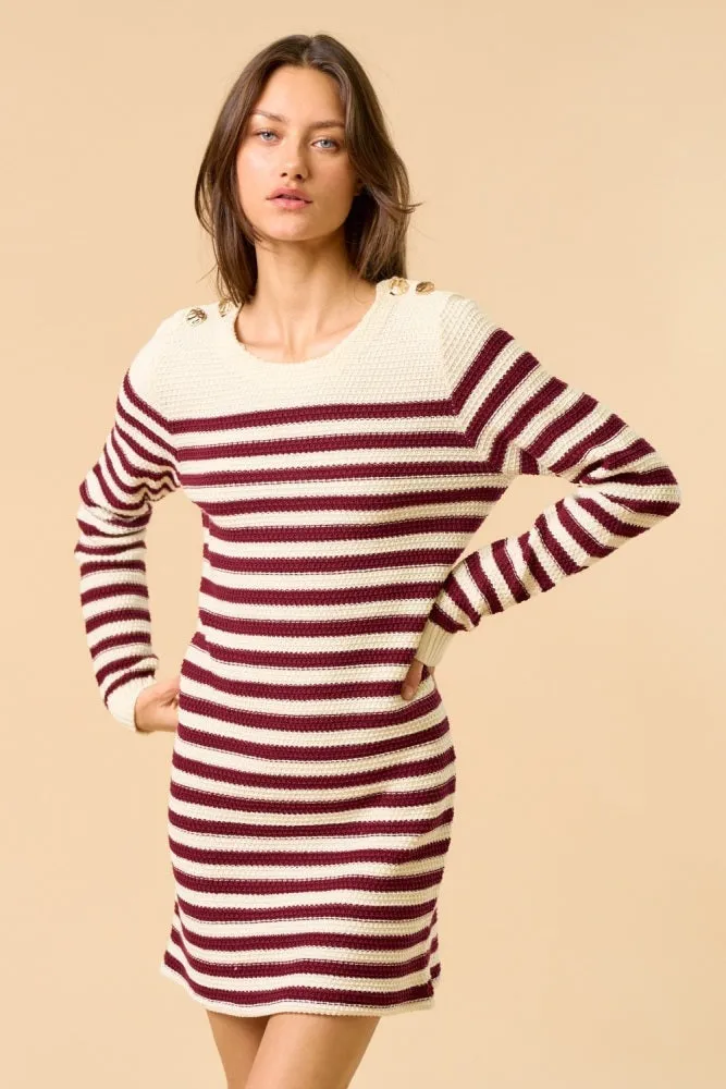 Burgundy Striped Button Accent Mini Sweater Dress sold by Pinkblush