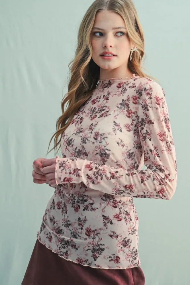 Cream Rose Floral Mesh Long Sleeve Top sold by Pinkblush