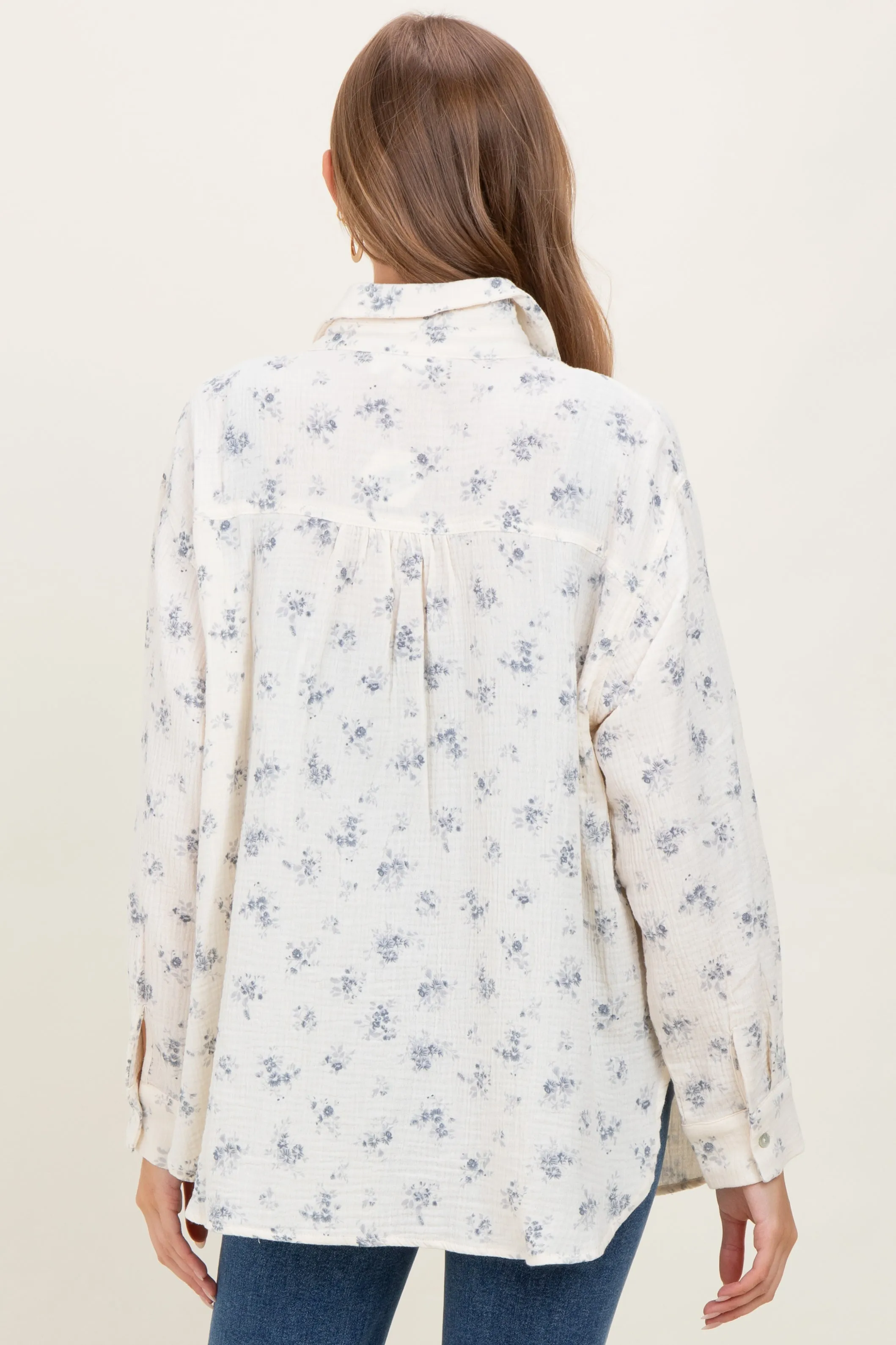 Blue Floral Cotton Gauze Oversized Button-Down Maternity Shirt sold by Pinkblush product image thumbnail 4