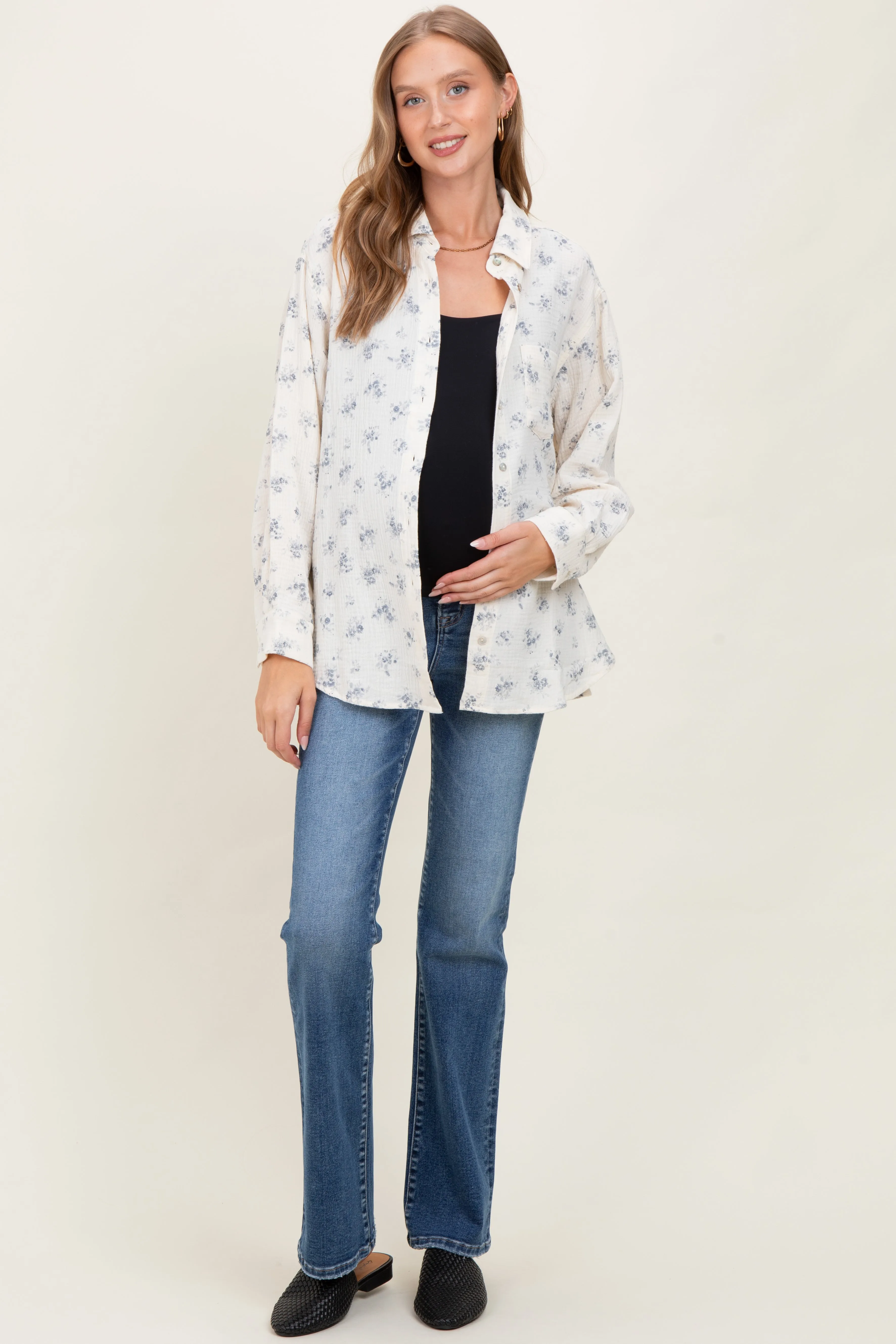 Blue Floral Cotton Gauze Oversized Button-Down Maternity Shirt sold by Pinkblush product image thumbnail 2
