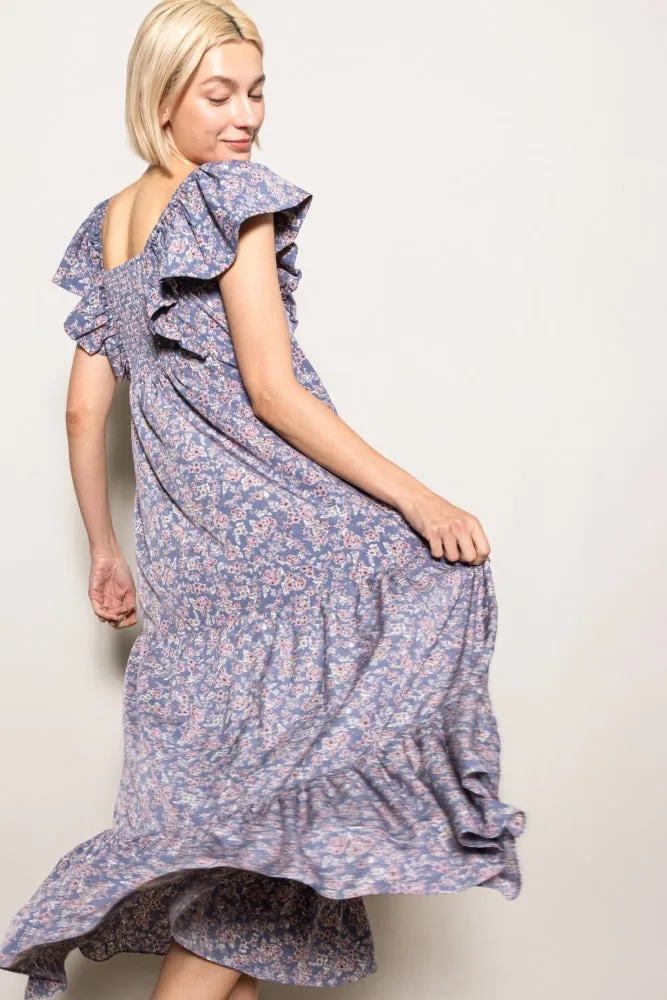 Blue Floral Ruffle Sleeve Maxi Dress sold by Pinkblush product image thumbnail 4