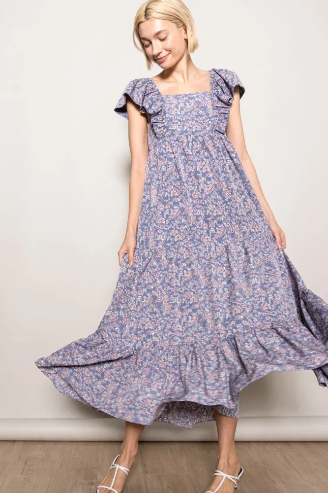 Blue Floral Ruffle Sleeve Maxi Dress sold by Pinkblush product image thumbnail 2