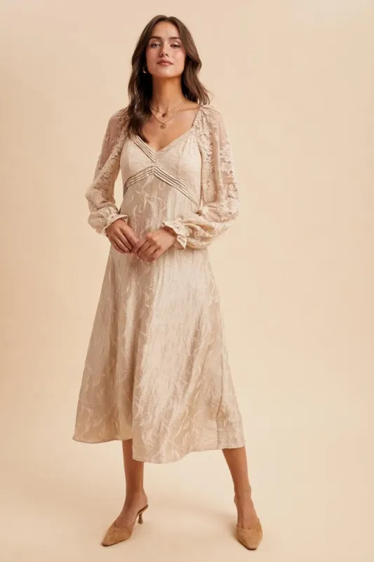 Cream Lace Jacquard Long Sleeve Midi Dress sold by Pinkblush