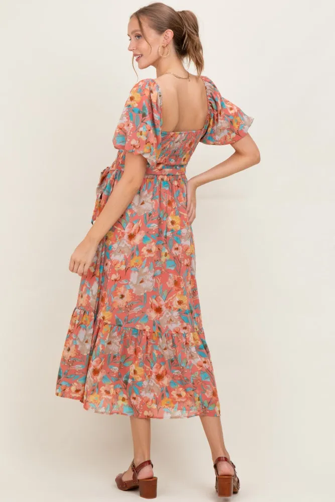 Pink Floral Smocked Puffed Sleeve Maternity Midi Dress sold by Pinkblush product image thumbnail 3