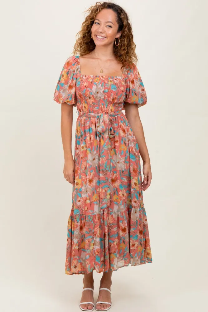 Pink Floral Smocked Puffed Sleeve Maternity Midi Dress sold by Pinkblush product image thumbnail 4