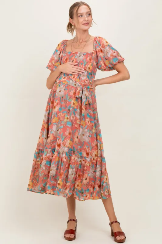 Pink Floral Smocked Puffed Sleeve Maternity Midi Dress sold by Pinkblush