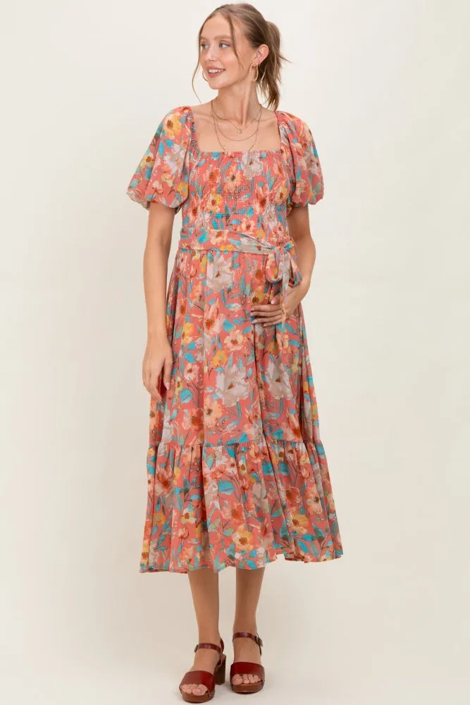 Pink Floral Smocked Puffed Sleeve Maternity Midi Dress sold by Pinkblush product image thumbnail 2