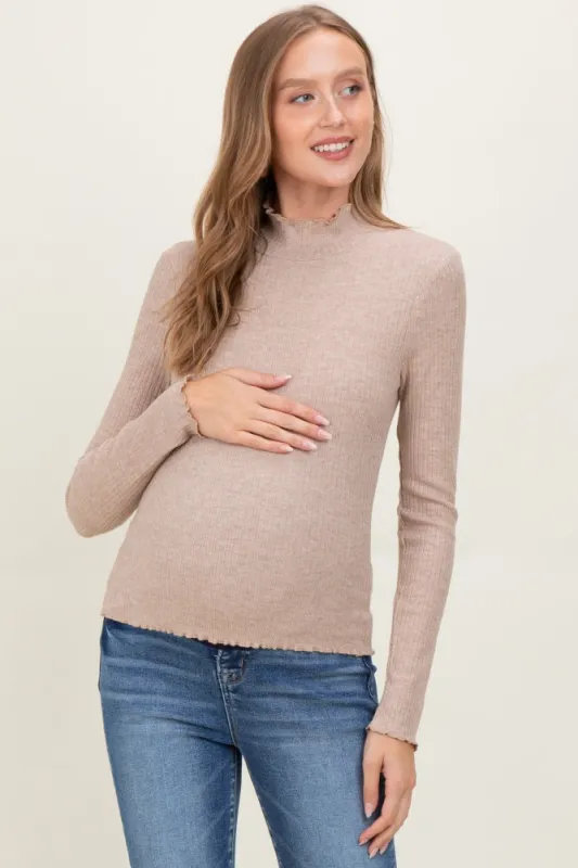 Mocha Lettuce Edge Mock Neck Long Sleeve Rib Maternity Top sold by Pinkblush