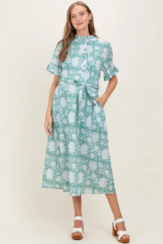 Light Olive Floral Ruffle Button Up Neckline Maternity Midi Dress sold by Pinkblush
