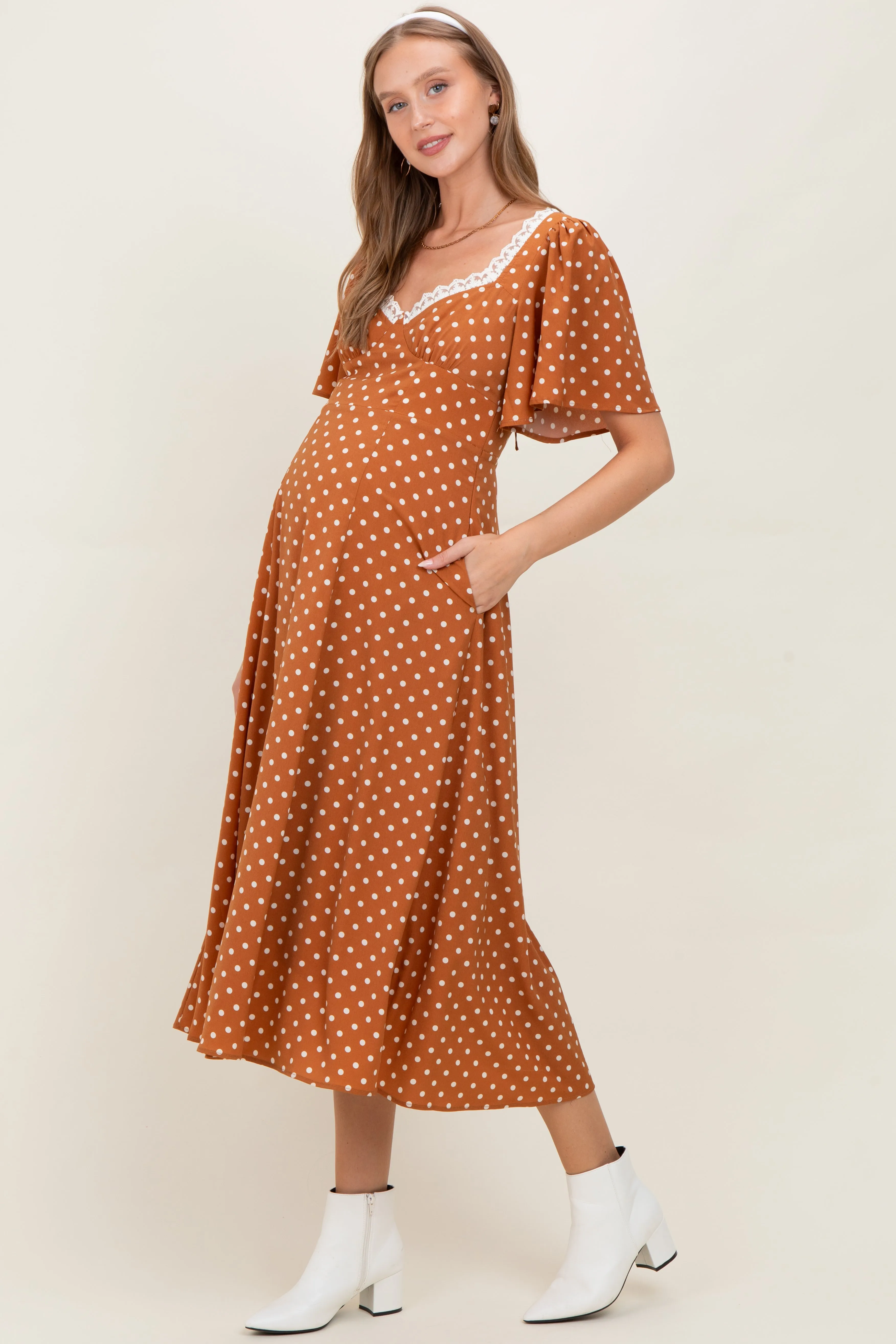 Camel Polka Dot Lace Trim Maternity Maxi Dress sold by Pinkblush product image thumbnail 3
