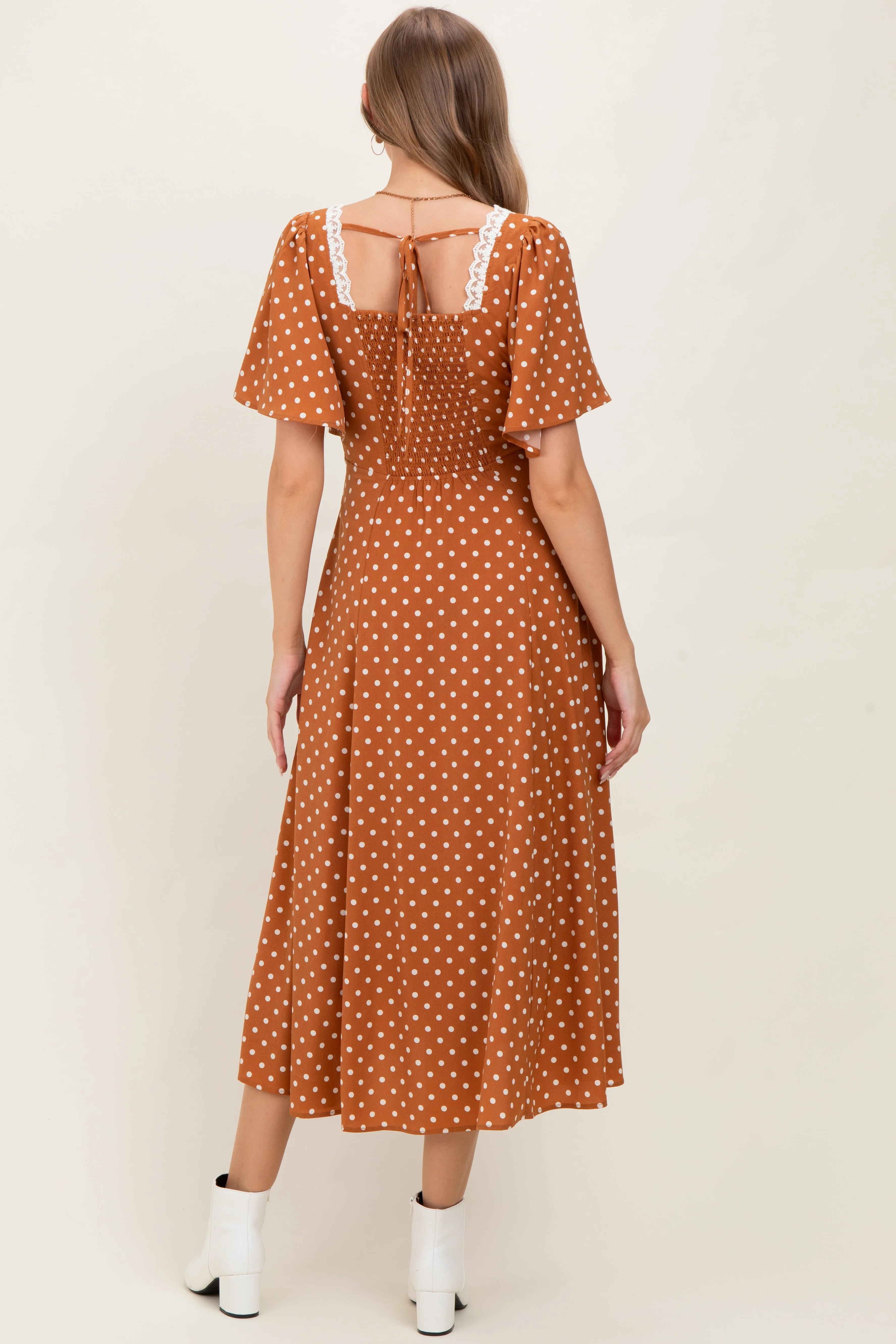 Camel Polka Dot Lace Trim Maternity Maxi Dress sold by Pinkblush product image thumbnail 4