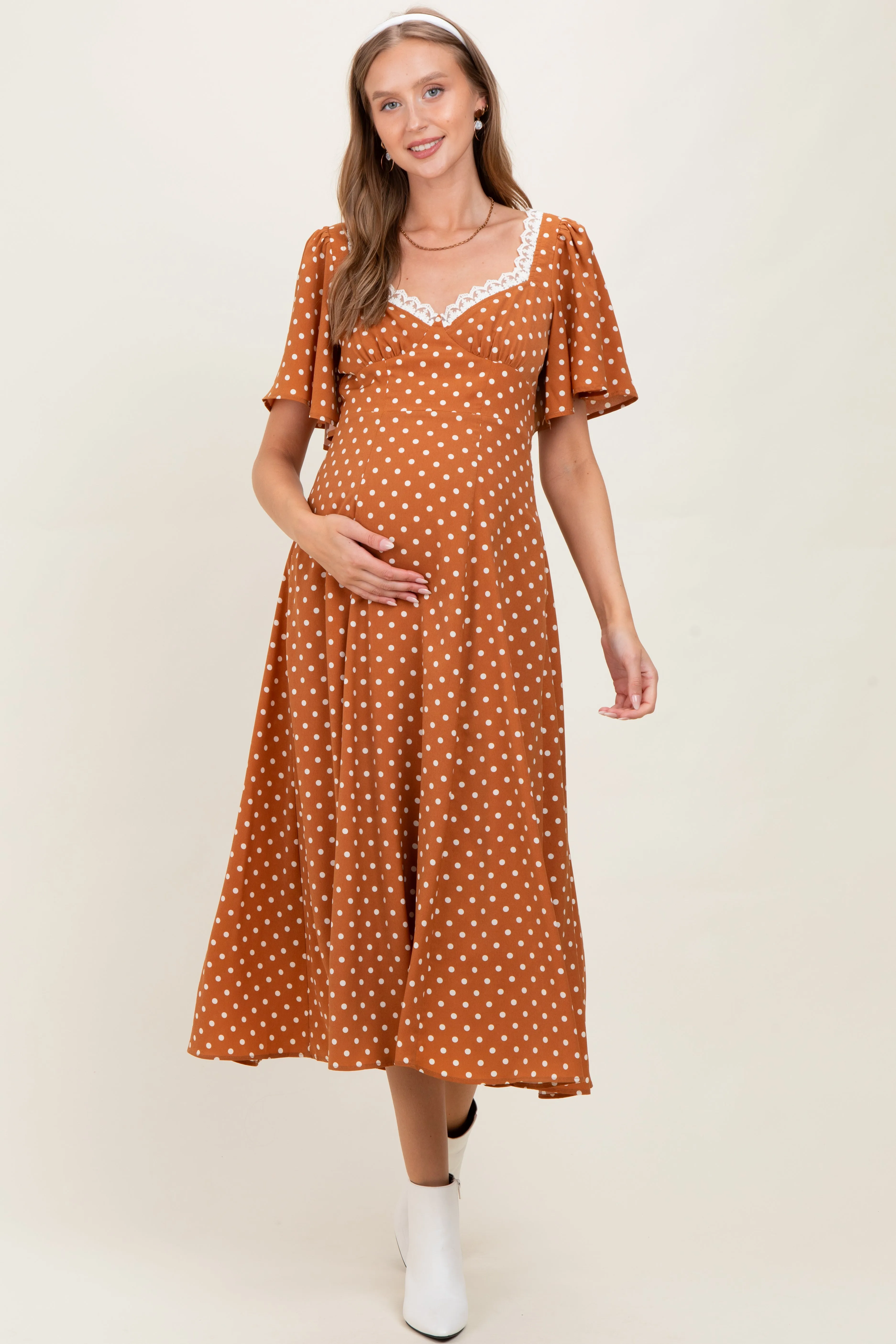 Camel Polka Dot Lace Trim Maternity Maxi Dress sold by Pinkblush
