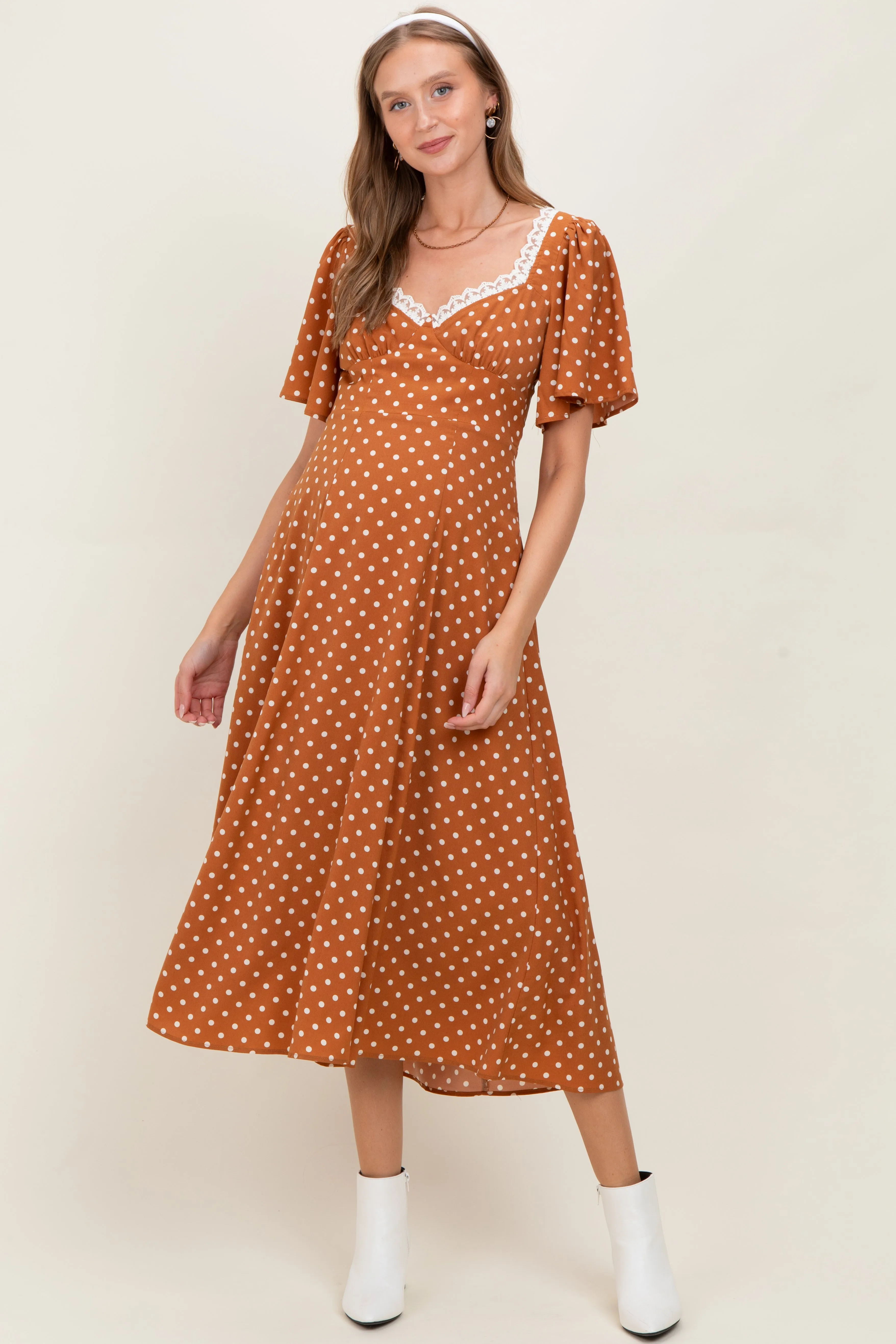 Camel Polka Dot Lace Trim Maternity Maxi Dress sold by Pinkblush product image thumbnail 2
