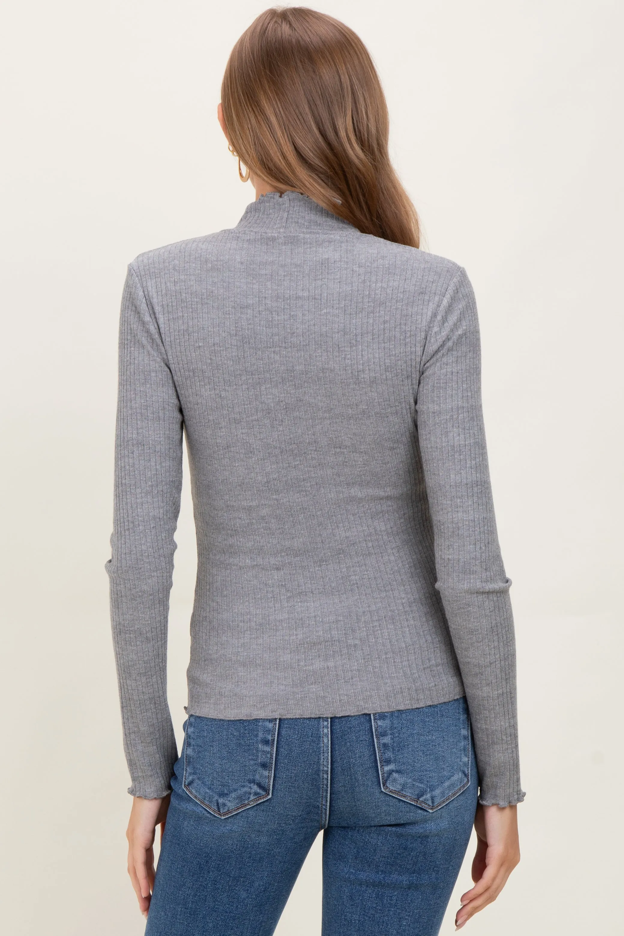 Gray Lettuce Edge Mock Neck Long Sleeve Rib Maternity Top sold by Pinkblush product image thumbnail 4